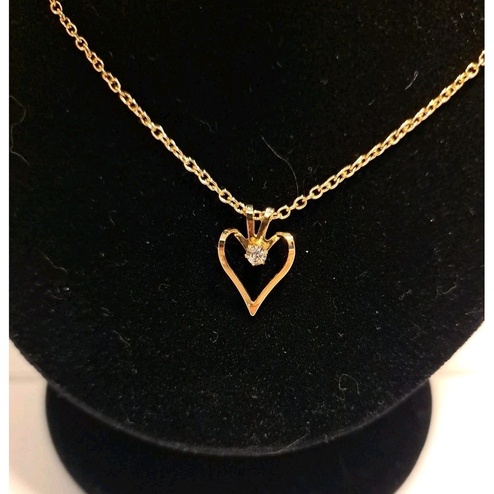 Vintage Gold Tone with Light Blue Rhinestone Heart Pendant  18 Inch Gold Tone